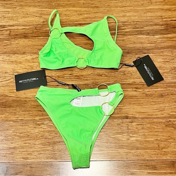 NWT! Pretty Little Thing Lime Green Ring Cut Out Bikini Top & Bottom. Size 0 - Picture 8 of 12